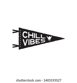 Vintage surf pennant print design for t-shirt and other uses. Chill Vibes typography quote calligraphy and shaka icon. Unusual hand drawn surfing graphic patch emblem. Stock vector isolated