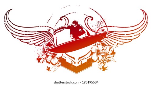 vintage surf shield with wings and hibiscus