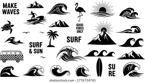 Vintage Surf and Summer Beach Vector Icon Set Featuring Ocean Waves Palm Trees Mountains Flamingo Turtle Sun and Retro Camper Van