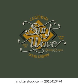 Vintage Surf theme typography t-shirt design print vector illustration,label,sign, symbol, poster  prints