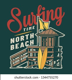 Vintage surf time colorful logo with wooden house and surfboards on green background isolated vector illustration