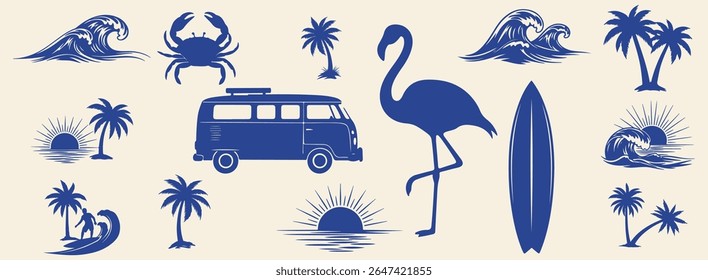 Vintage Surf and Tropical Beach Vector Icons Set Featuring Palm Trees, Waves, Sunset, Surfboard, Camper Van, Flamingo, and Sea Life