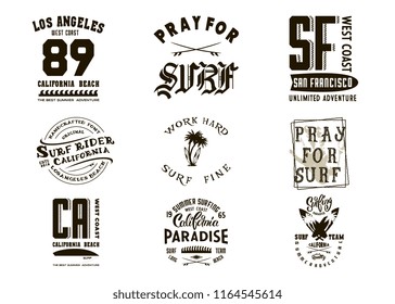 Vintage surf typography set. T-shirt graphics for print and other user. Vector