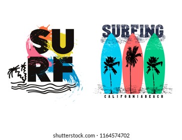Vintage surf typography set. T-shirt graphics for print and other user. Vector
