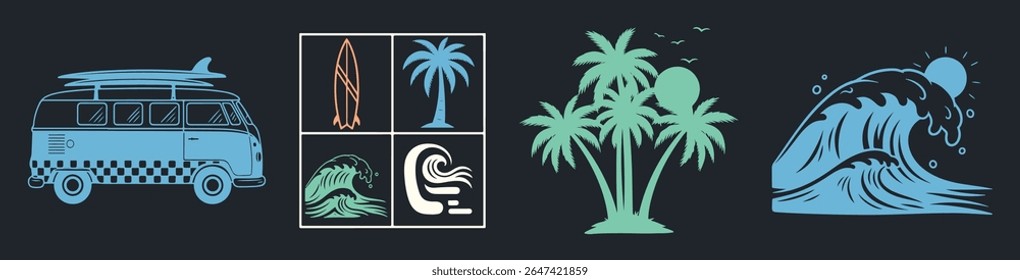 Vintage Surf Van, Tropical Waves, and Palm Tree Beach Icons – Retro Summer Travel and Surfing Vector Design Set for T-Shirts, Stickers, and Posters