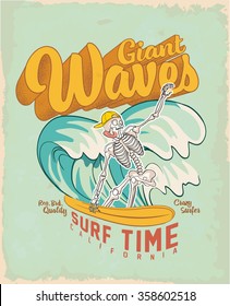 Vintage surf waves/ Skeleton. Tee print. vector illustration 