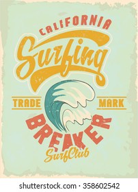 Vintage surf waves. Tee Print. vector illustration 
