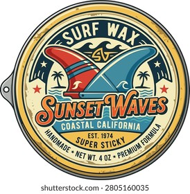 Vintage surf wax tin featuring red and blue surfboard design, California coastal theme, vibrant colors