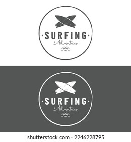 Vintage surfboard logo,surfing on summer beach.For business,badge,holiday, ,label,emblem.