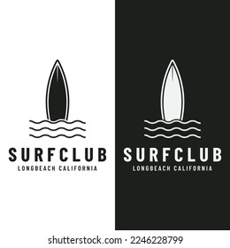 Vintage surfboard logo,surfing on summer beach.For business,badge,holiday, ,label,emblem.