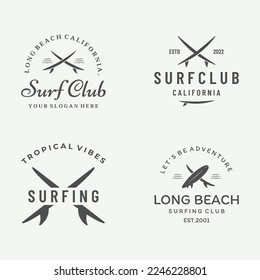 Vintage surfboard logo,surfing on summer beach.For business,badge,holiday, ,label,emblem.