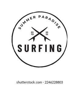 Vintage surfboard logo,surfing on summer beach.For business,badge,holiday, ,label,emblem.