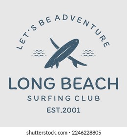 Vintage surfboard logo,surfing on summer beach.For business,badge,holiday, ,label,emblem.