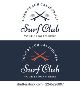 Vintage surfboard logo,surfing on summer beach.For business,badge,holiday, ,label,emblem.