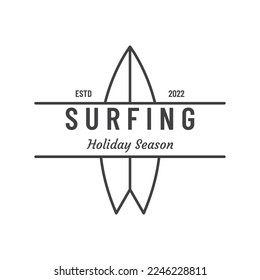 Vintage surfboard logo,surfing on summer beach.For business,badge,holiday, ,label,emblem.