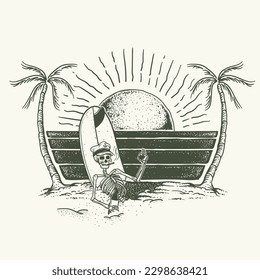 Vintage surfboard and man on the beach. Vector illustration
