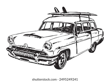 Ilustración del coche del surfista de Antiguas. Dibujado a mano en trazos de lápiz. Arte editable.