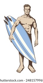 Vintage Surfer Man Carry Surfboard Isolated Hand Drawn