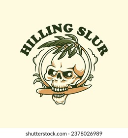 Vintage surfing adventure skull biting the wave with palm trees on the beach Vector Illustration