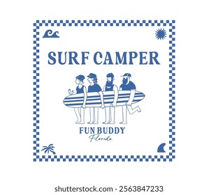 Vintage surfing beach club vector  design,  surf camp friends cartoon vector art, Funny summer surfing artwork for t shirt, poster, fabric bag print, screen print