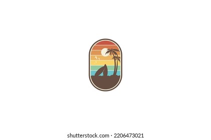 Vintage surfing board graphics, logos, labels and emblems. Silhouette of a premium beach and surfboard. Suitable for t-shirts, logos, brands, and shops. Vector illustration