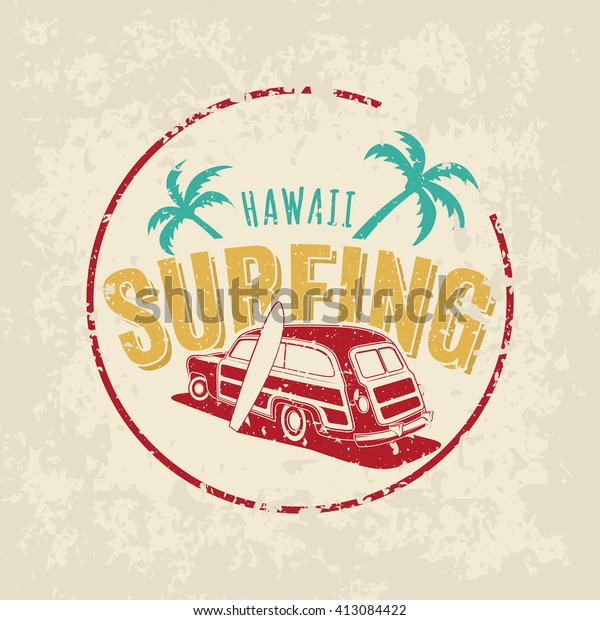 Vintage surfing car logo on grunge background.\
Old school car with\
surfboard.