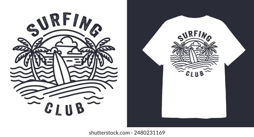 vintage surfing club line art illustration for t shirt design