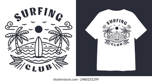 vintage surfing club line art illustration for t shirt design