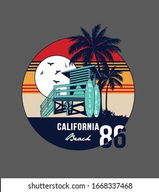 Vintage surfing club print with Lifeguard tower, palm trees, surfboards and birds vector illustrations. California, Los Angeles theme print.