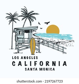 Vintage surfing club print with Lifeguard tower, palm trees, surfboards and birds vector illustrations. California, Los Angeles theme print.