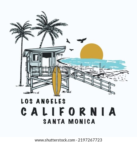 Vintage surfing club print with Lifeguard tower, palm trees, surfboards and birds vector illustrations. California, Los Angeles theme print.