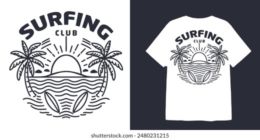 vintage surfing club sunset line art illustration for t shirt design