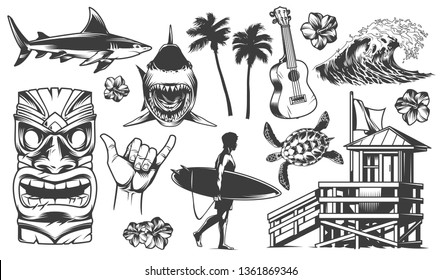 Vintage Surfing Elements Monochrome Collection With Animals Surfer Surfboards Tribal Mask Ukulele Flower Palm Sea Wave Surf Van Shaka Hand Sign Surfing Club House Vector Illustration