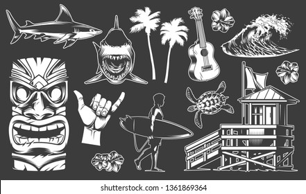 Vintage surfing elements set with shark surfer holding surfboard ukulele tribal mask surf van shaka hand sign palms sea wave turtle hibiscus flower vector illustration