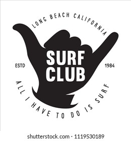 Vintage Surfing Emblem for web design or print. Surfer logo template. Surf Badge. Summer fun. Surfboard elements. Outdoors activity - boarding on waves.