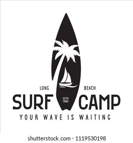 Vintage Surfing Emblem for web design or print. Surfer logo template. Surf Badge. Summer fun. Surfboard elements. Outdoors activity - boarding on waves.
