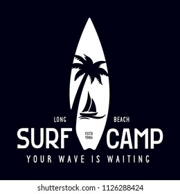 Vintage Surfing Emblem for web design or print. Surfer logo template. Surf Badge. Summer fun. Surfboard elements. Outdoors activity - boarding on waves.