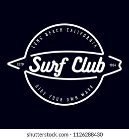 Vintage Surfing Emblem for web design or print. Surfer logo template. Surf Badge. Summer fun. Surfboard elements. Outdoors activity - boarding on waves.