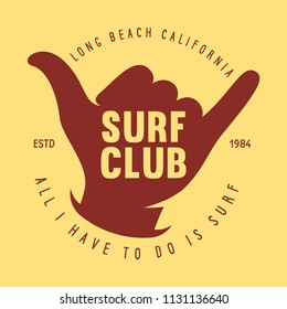 Vintage Surfing Emblem for web design or print. Surfer logo template. Surf Badge. Summer fun. Surfboard elements. Outdoors activity - boarding on waves.