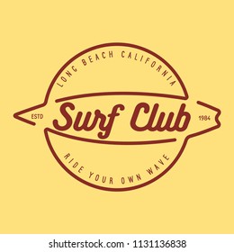 Vintage Surfing Emblem for web design or print. Surfer logo template. Surf Badge. Summer fun. Surfboard elements. Outdoors activity - boarding on waves.