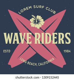 Vintage Surfing Emblem for web design or print. Surfer logo template. Surf Badge. Summer fun. Surfboard elements. Outdoors activity - boarding on waves. Vector.