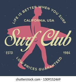 Vintage Surfing Emblem for web design or print. Surfer logo template. Surf Badge. Summer fun. Surfboard elements. Outdoors activity - boarding on waves. Vector.
