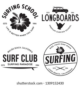 Vintage Surfing Emblems for web design or print. Surfer logo templates. Surf Badges. Summer fun. Surfboard elements. Outdoors activity - boarding on waves. Vector.