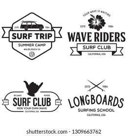 Vintage Surfing Emblems for web design or print. Surfer logo templates. Surf Badges. Summer fun. Surfboard elements. Outdoors activity - boarding on waves. Vector.