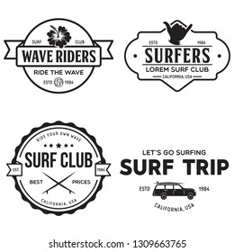 Vintage Surfing Emblems for web design or print. Surfer logo templates. Surf Badges. Summer fun. Surfboard elements. Outdoors activity - boarding on waves. Vector.