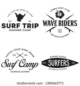 Vintage Surfing Emblems for web design or print. Surfer logo templates. Surf Badges. Summer fun. Surfboard elements. Outdoors activity - boarding on waves. Vector.