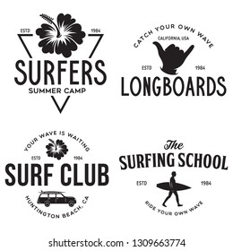 Vintage Surfing Emblems for web design or print. Surfer logo templates. Surf Badges. Summer fun. Surfboard elements. Outdoors activity - boarding on waves. Vector.