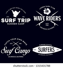 Vintage Surfing Emblems for web design or print. Surfer logo templates. Surf Badges. Summer fun. Surfboard elements. Outdoors activity - boarding on waves. Vector.