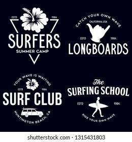 Vintage Surfing Emblems for web design or print. Surfer logo templates. Surf Badges. Summer fun. Surfboard elements. Outdoors activity - boarding on waves. Vector.