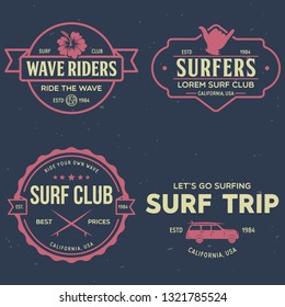 Vintage Surfing Emblems for web design or print. Surfer logo templates. Surf Badges. Summer fun. Surfboard elements. Outdoors activity - boarding on waves. Vector.